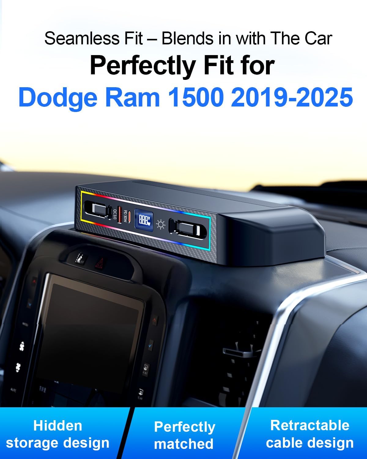 Car Charger Docking Station for RAM 1500 (2019 2020 2021 2022 2023 2024 2025) Accessories with RGB Light, 4-Port Charging Hub with Retractable Cable, Cell Phone Fast Charging for RAM 1500 Truck