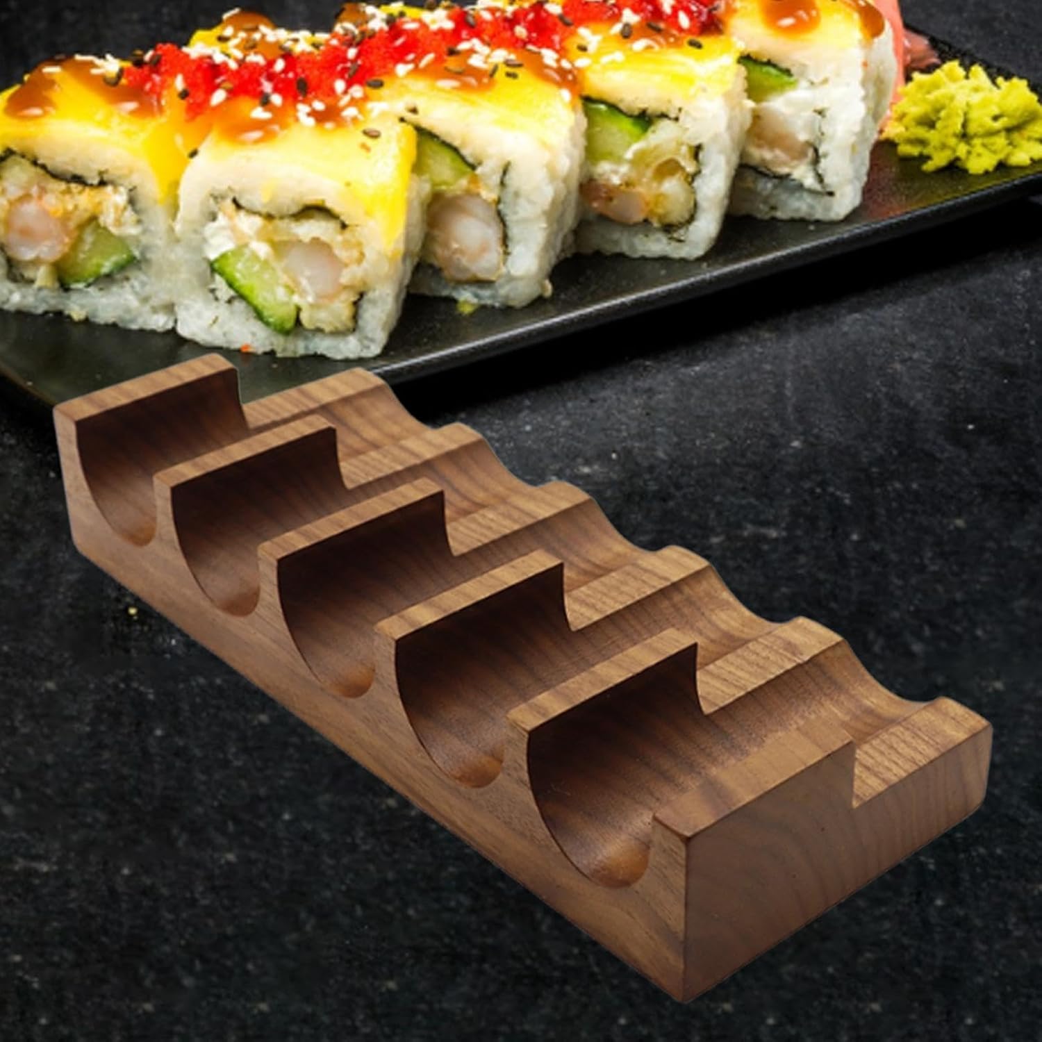 Wood Sushi Holder Taco Rack Tray Plate 5 Grid Japanese Sushi Hand Roll Holder Serving Board for Restaurant Gatherings Kitchen