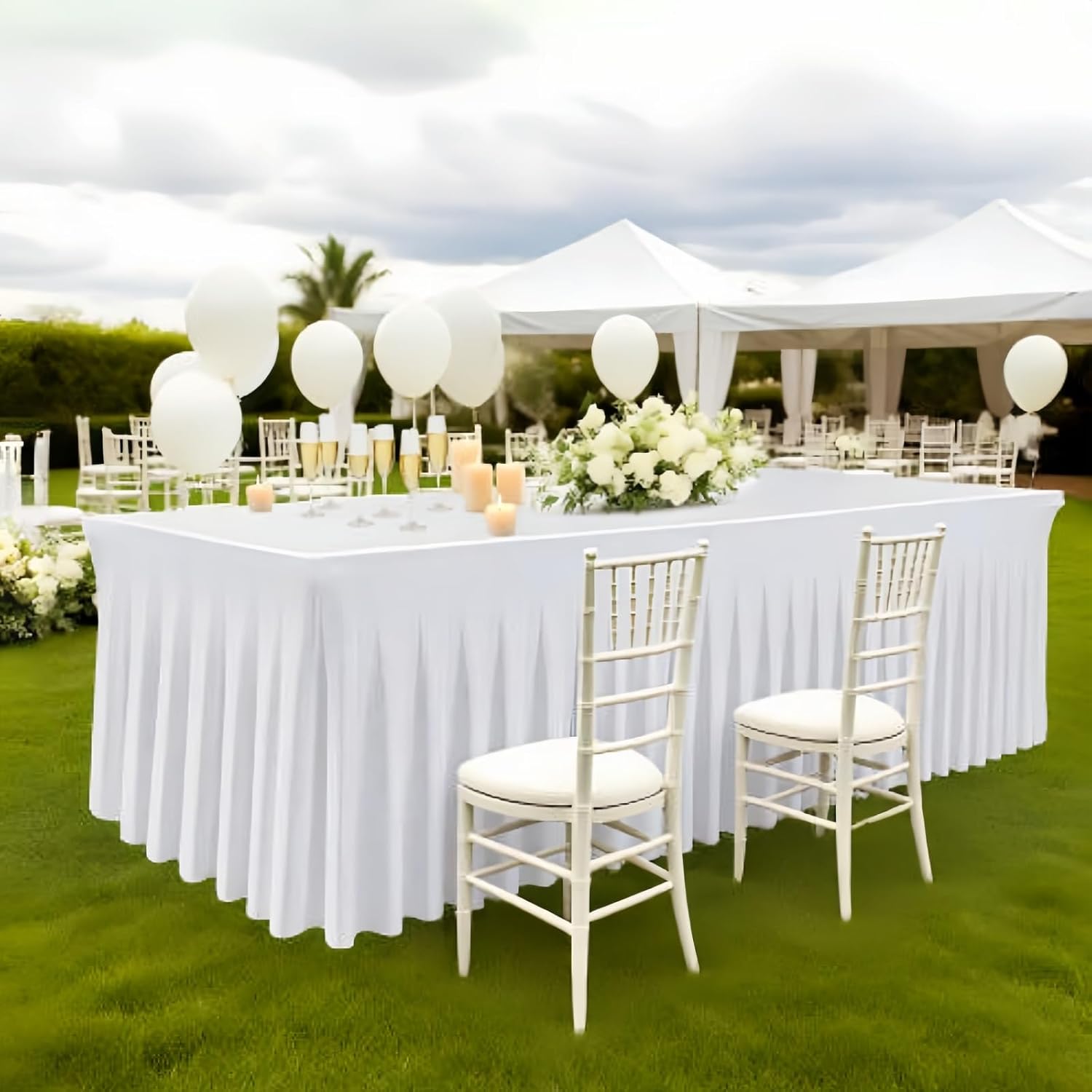 Condition photo showing New/Like New for 3 pack white spandex table clothes for 6 foot rectangle tables, fitted stretch table cover 6ft white spandex tablecloths with table skirt for weddings birthday parties banquet baby shower white 3 pack (6ft rectangle)