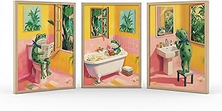 Unframed 3 Piece Funny Frog Bathroom Wall Art, Whimsical Pink & Yellow Canvas Prints, Cute Animal Core Morning Routine Decor for Kids & Guest Restroom - Reading, Brushing Teeth, Bathing Scenes