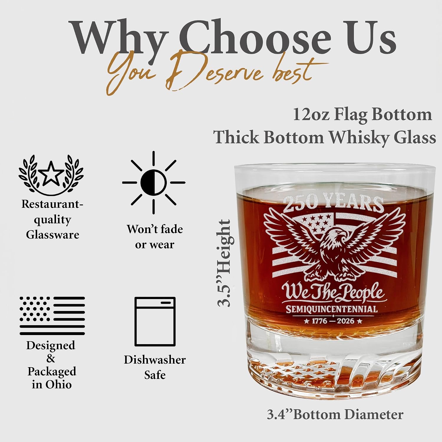 United States 250th Anniversary Whiskey Glass with American Eagle USA Flag Bottom - Engraved We The People Old Fashioned Glass, Patriotic Gift, Whiskey for Dad, Men - America 250 Merchandise