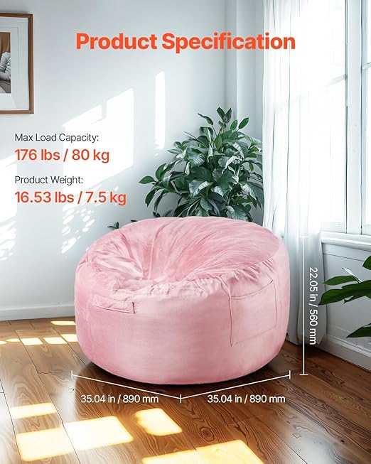 VEVOR Bean Bag Chair, 3 feet Round Bean Bag Chair with Removable and Washable Cover, 25D Memory Foam Filled with Soft and Smooth Dutch Velvet, Bean Bag for Bedroom or Playroom, Pink thumbnail 3