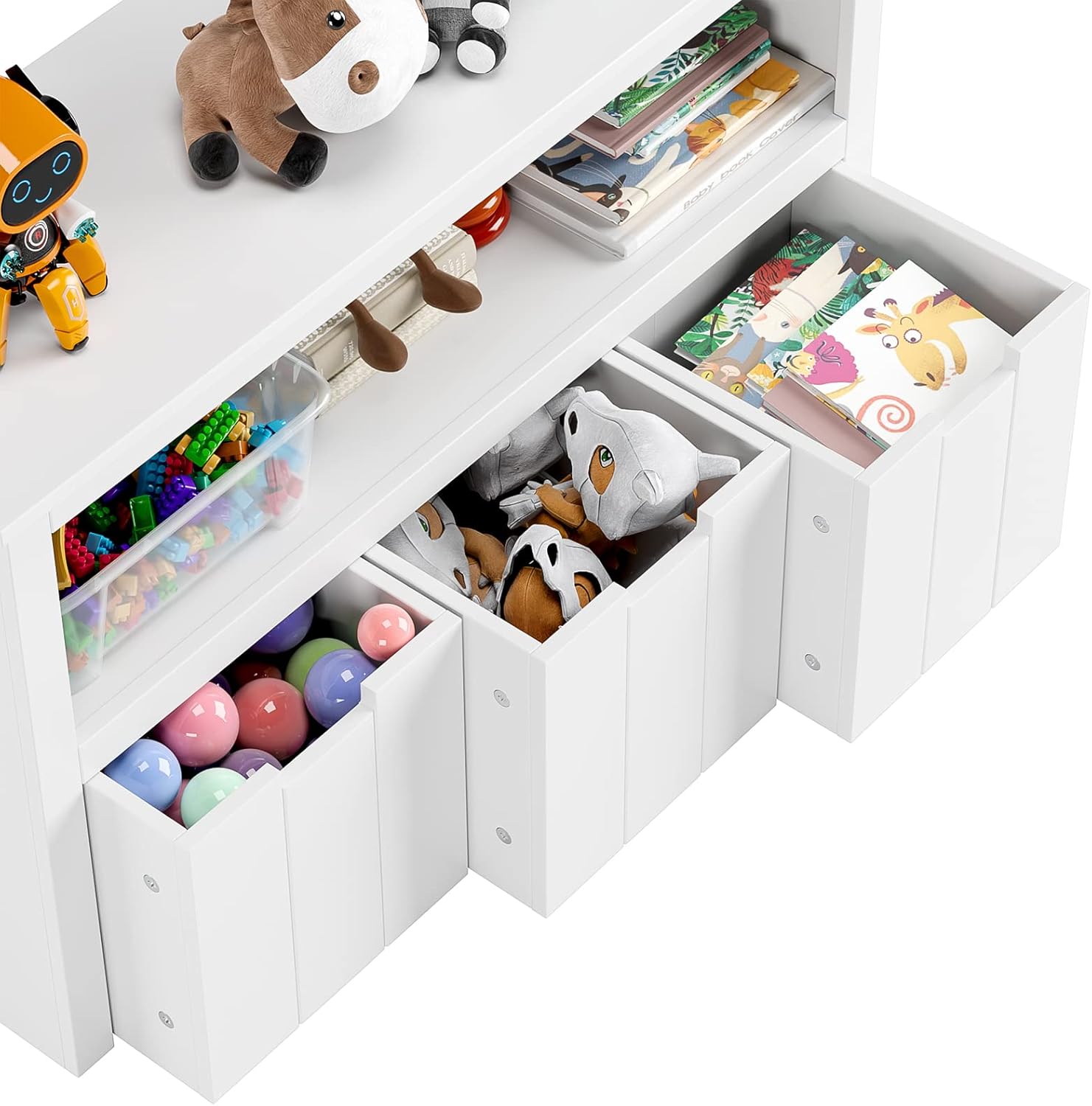 FOTOSOK Toy Storage Cabinet with 3 Movable Drawers, Floor Storage Organizer with Hidden Wheel & Large Open Bookhelf, Organizer Chest for Playroom, White
