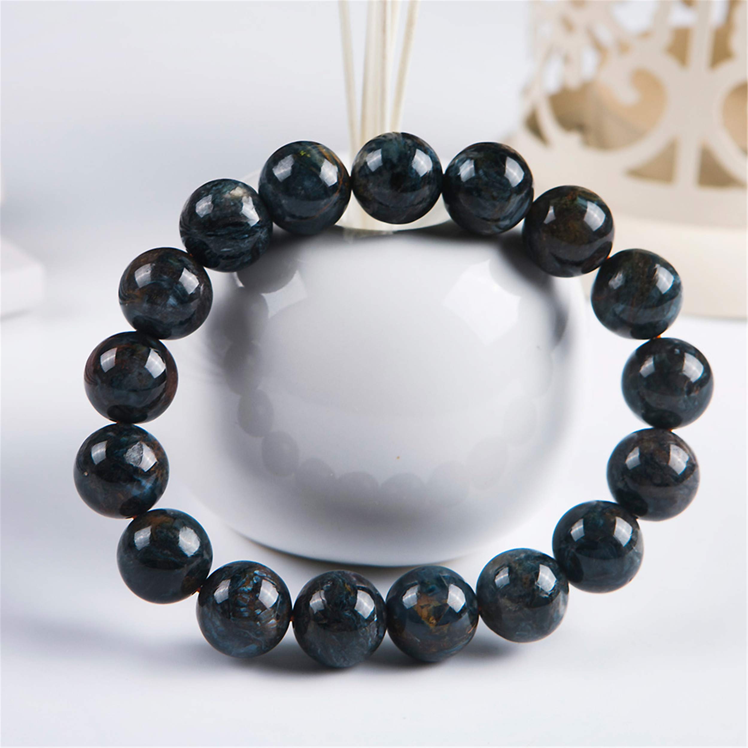 Bracciale con Perline Rotonde Elasticizzate in Cristallo di pietersite Naturale da 12 mm,