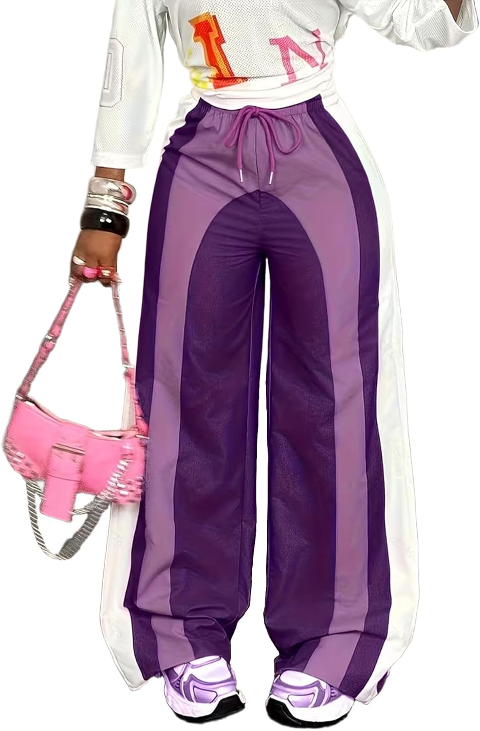 Wide Leg Sweatpants Women High Waisted Baggy Striped Lounge Stretchy Loose Straight Leg Jogger Long Pants