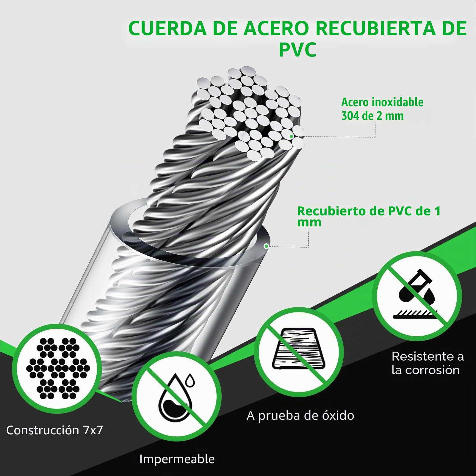 Cable de Acero Plastificado 3 mm, Fabricado en Acero Inoxidable, con 30 Metros de Longitud, Incluye Tensores de Cable de Acero, para Luces de Cadena, Tendederos y Cuerdas para Colgar Cortinas