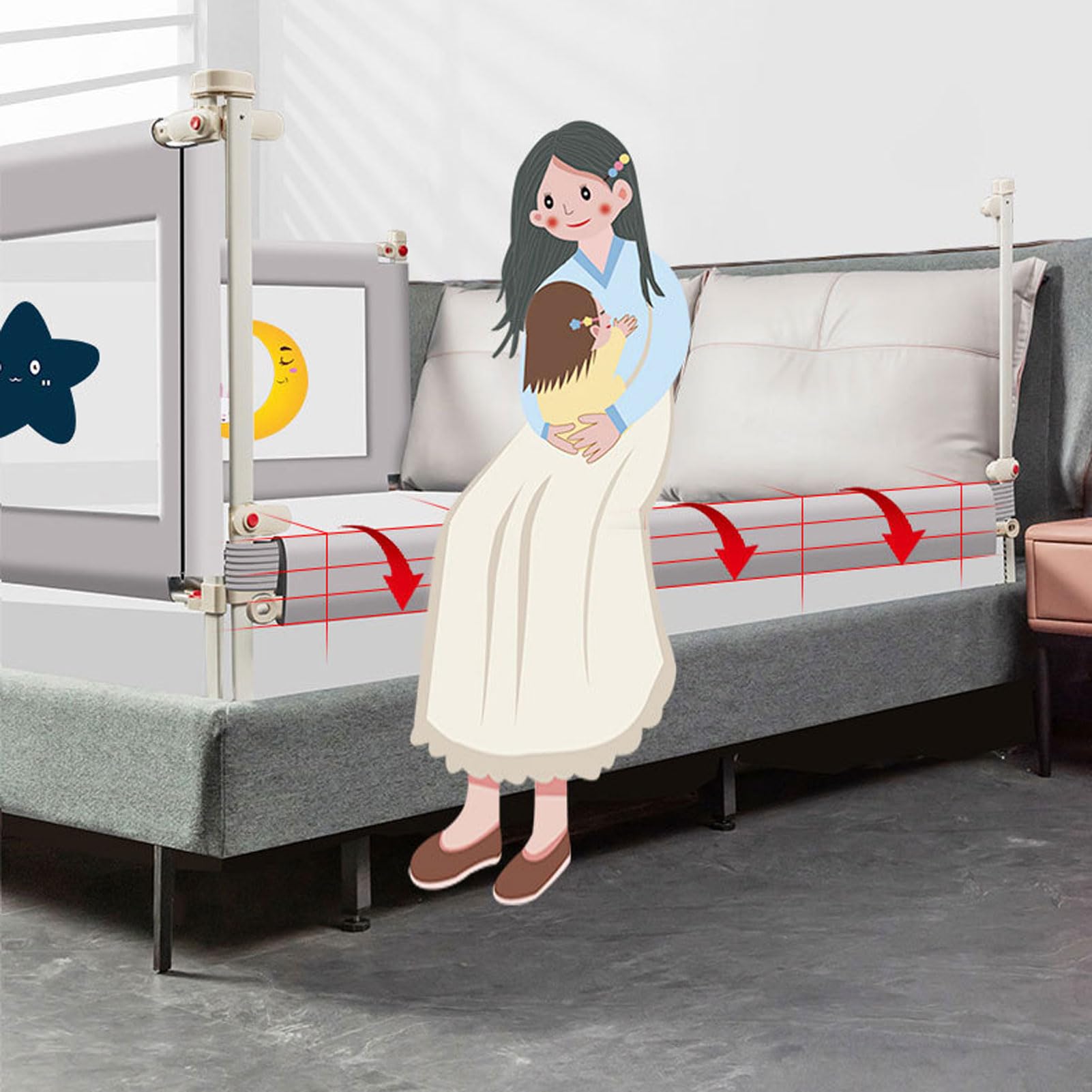 HUHJYUGE Bed Rail, Barandilla de Cama para Niños, Barrera de Seguridad para Cama Bebé, Protección Anticaídas, Doble Cierre de Seguridad/Ajustable en Altura Barrera Cama (C 2.2m)