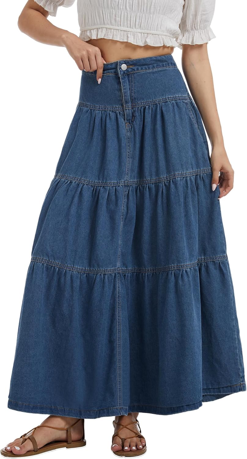 Simlakey Women’s Long Jean Skirt High Waist Tiered Ruffle Denim Maxi Skirts Flowy Swing A-Line Denim Skirt with Pockets