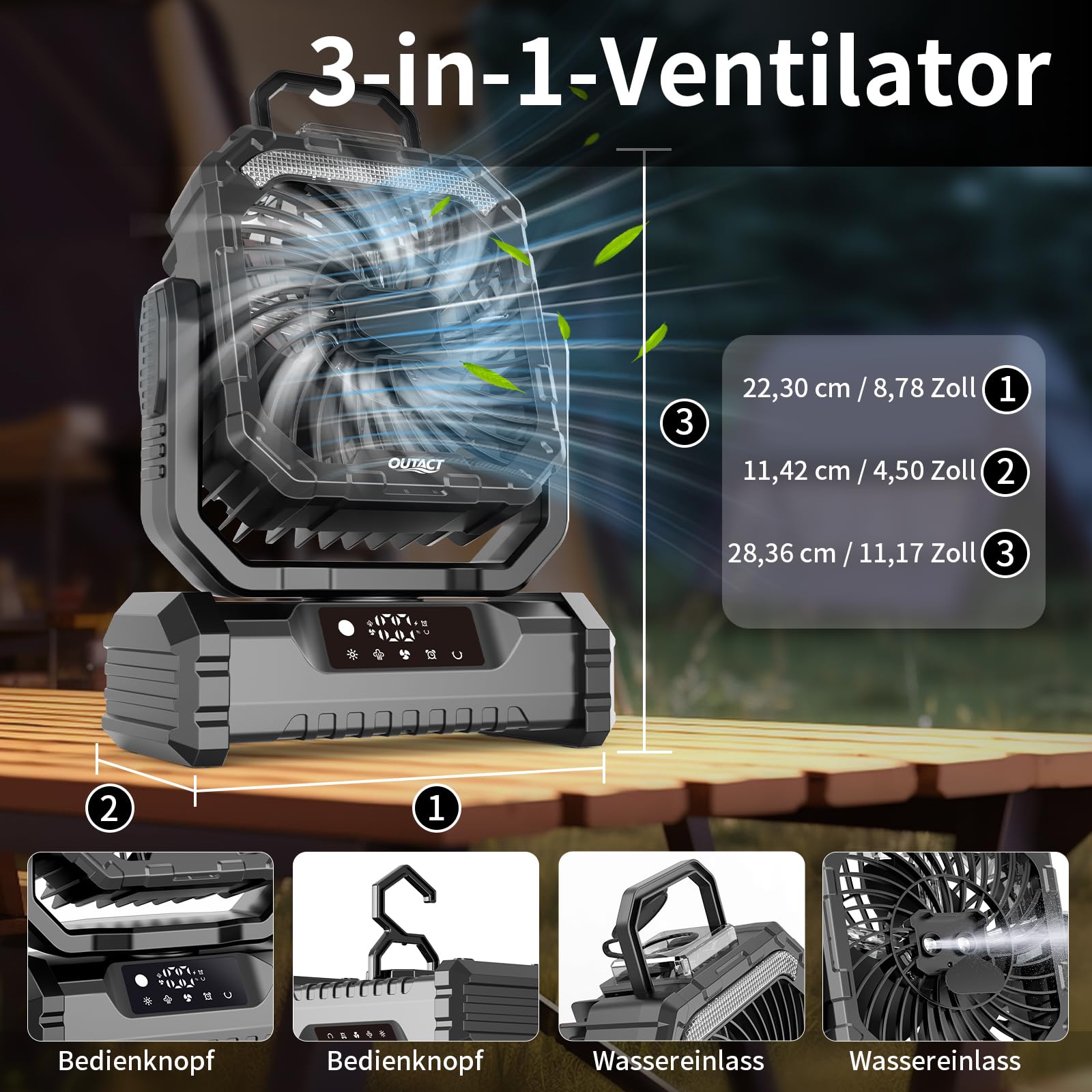 Camping Ventilator 20000mAh, Wiederaufladbarer Tischventilator USB Ventilator mit LED Licht & Haken, 270° Drehung mit Fernbedienung, Misting Fan für Outdoor, Zelt, Grillen, Strand - Schwarz