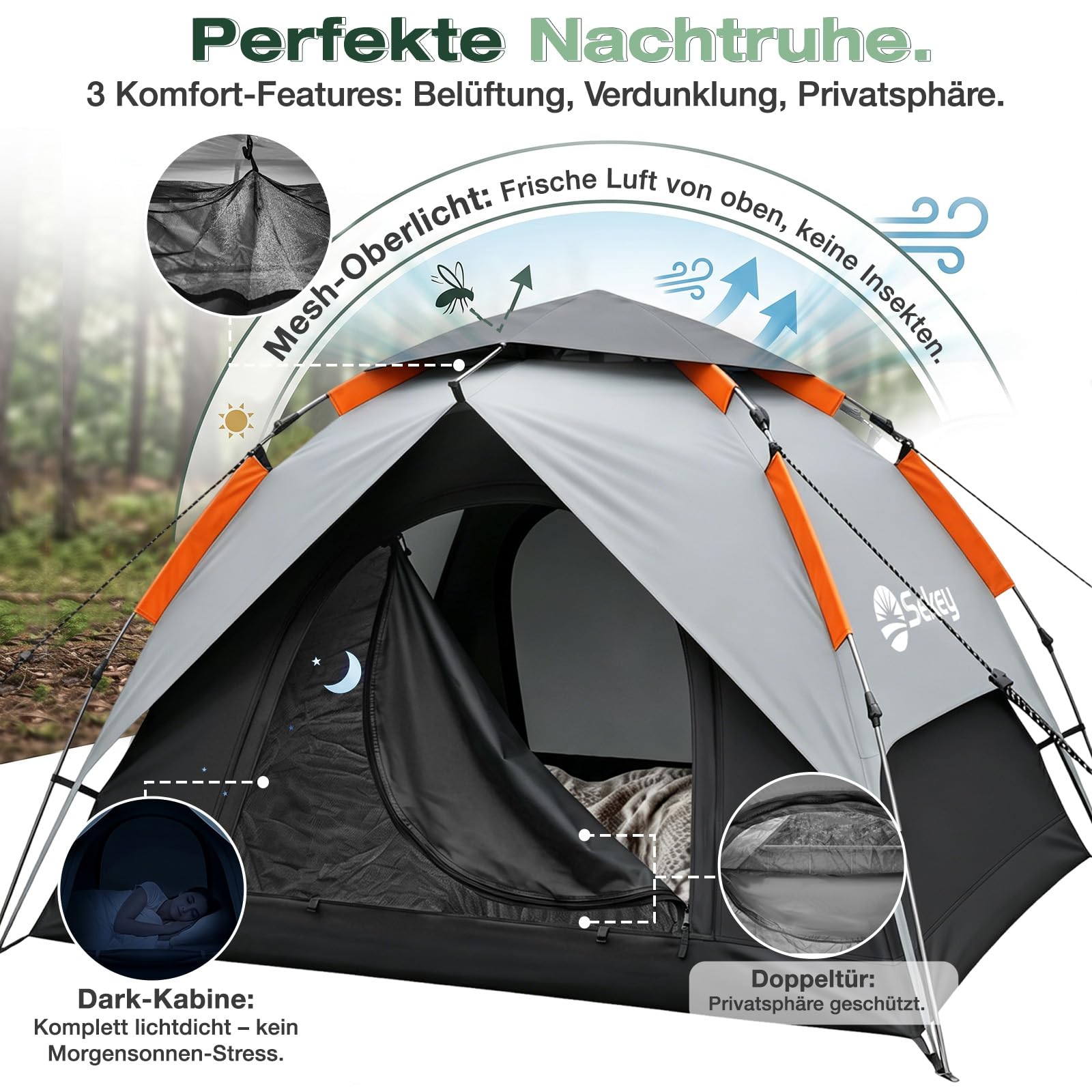 Sekey Tienda de campaña Pop Up para 2 personas, 2 en 1, tienda de campaña con interior o tienda de playa, sin tienda interior, montaje rápido, tienda automática impermeable PU3000 UPF50+,