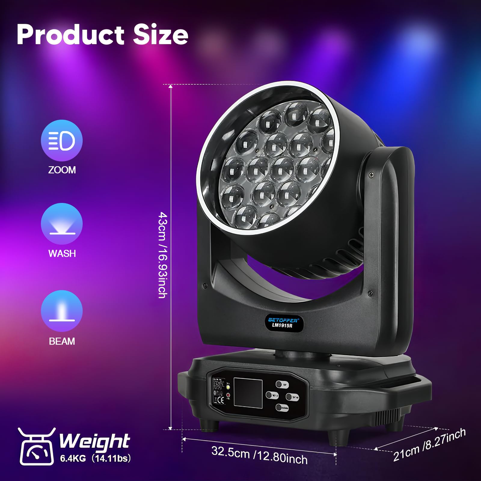 BETOPPER Lumière de Scène Lyre LED Moving Head Lampe 19x15W RGBW DMX 4 en 1 Éclairage de Scène Projecteur DJ avec Effets de Bande Lumineuse, Mariages, Fêtes, Clubs (Onesize)