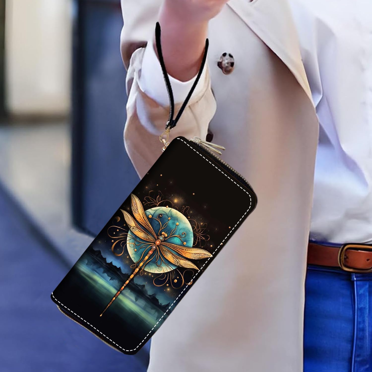 Women's Large Capacity Wallet PU Leather Double Zipper Clutch Purse Multifunctional Wallet with Removable Wristlet Strap for Smart Phone/Coin/Card/Cash - Dragonfly - Image 7