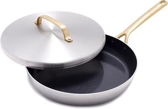 GreenPan GP5 5-Ply Stainless Steel 12" Frying Pan Skillet with Lid, PFAS-Free, Ceramic Nonstick Induction Suitable, Gold-Tone Handles, Dishwasher and Oven Safe