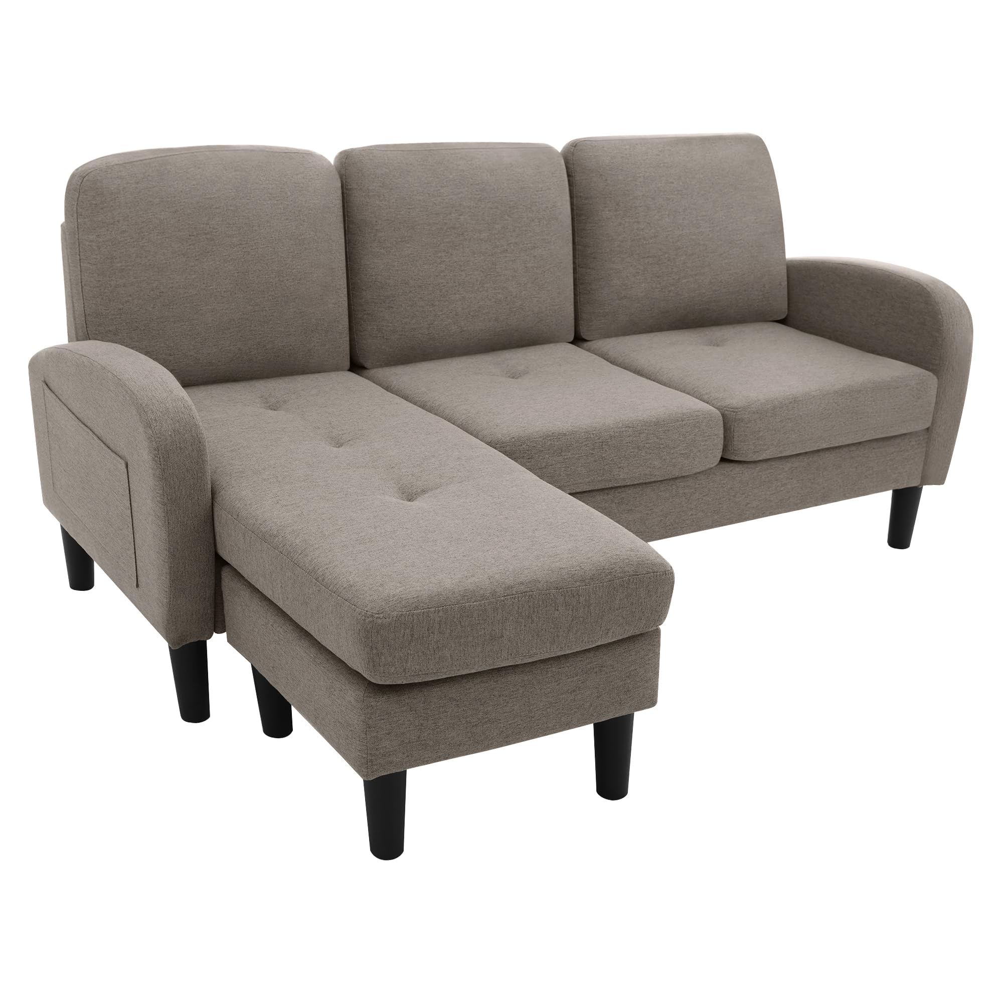 KAZZIO Sofá esquinero en forma de L con chaise longue – Sofá de 3 plazas, tela de lino de algodón transpirable, patas de plástico, diseño modular, ideal para salones, apartamentos y oficinas (gris