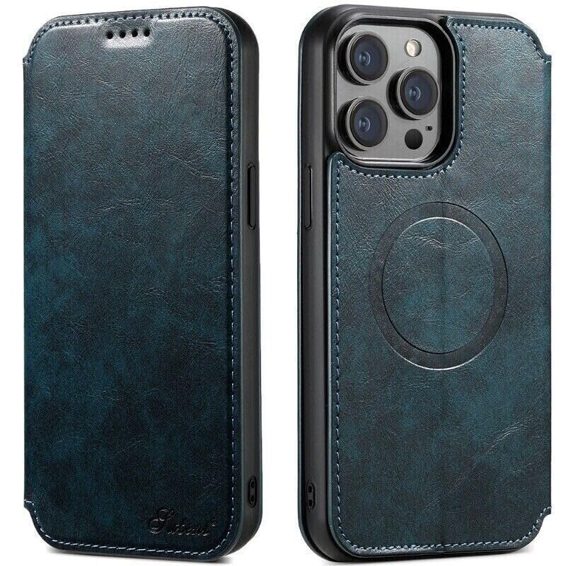 Étui iPhone 13 Pro Max bleu fermeture magnétique rabat anti-choc pratique