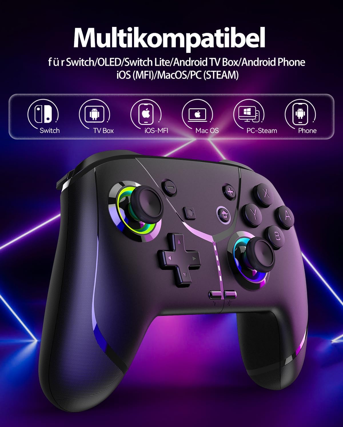 Switch Controller, Game Controller, Switch Pro Gamepad, 4 Vibrationsmodi, 3 Turbo-Modi, kompatibel iPhone/Android/Phone/PC/Steam/Mac/iOS/iPad/TV mit Programmierung/Turbo/Bewegung/Aufwachen/RGB
