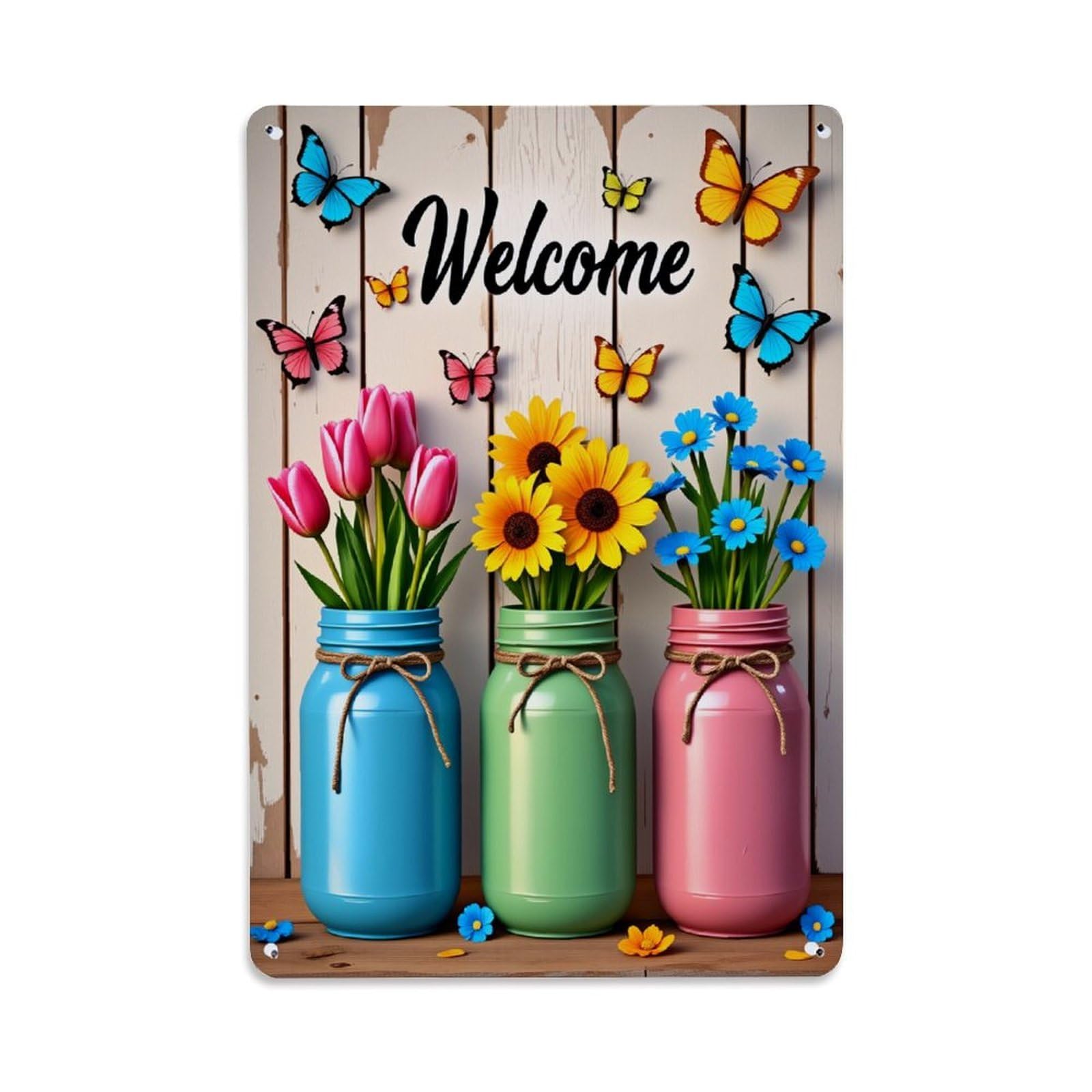 Enderetf Vintage Welcome Butterflies Flowers Jars Spring Tin Sign Metal Poster, Home Bar Garage Man Cave Cafe Indoor & Outdoor Wall Decoration 8X12inches