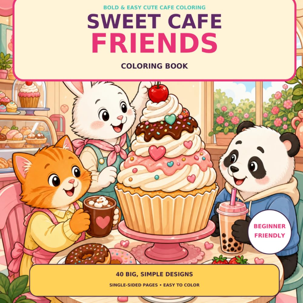 Sweet Cafe Friends Coloring Book: 40 Bold & Easy Cute Animal Scenes with Cozy Treats, Drinks & Desserts
