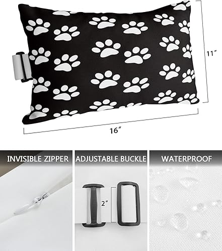 Miniatura 3 de Houseall Almohadas lumbares para exteriores con inserto, huellas de patas de perro en blanco y negro, almohadas impermeables para patio, correa