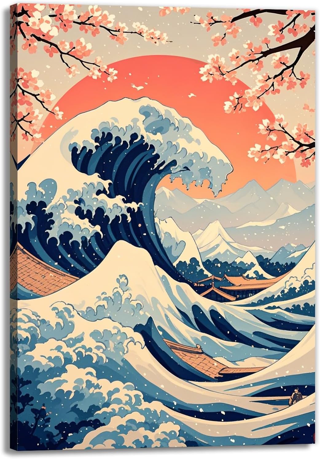 GLOKAKA Japanese Asian Nature Landscape Wall Art Kanagawa Giant Wave Poster Cherry Blossom Sunset Canvas Prints Traditional Japan Decor for Living Room Bedroom Office(Artwork-1,12"x18")