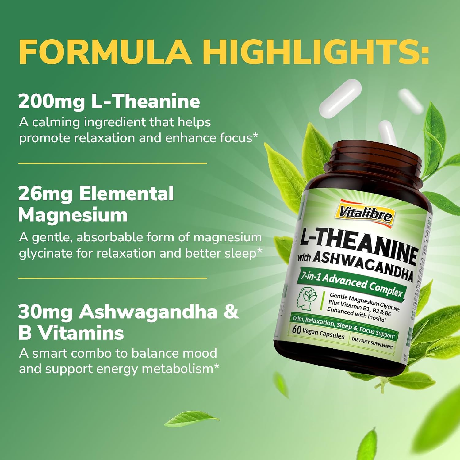 Vitalibre Vitamin B12 Sublingual 5000 mcg 90 Tablets and L-Theanine 200mg 60 Caps
