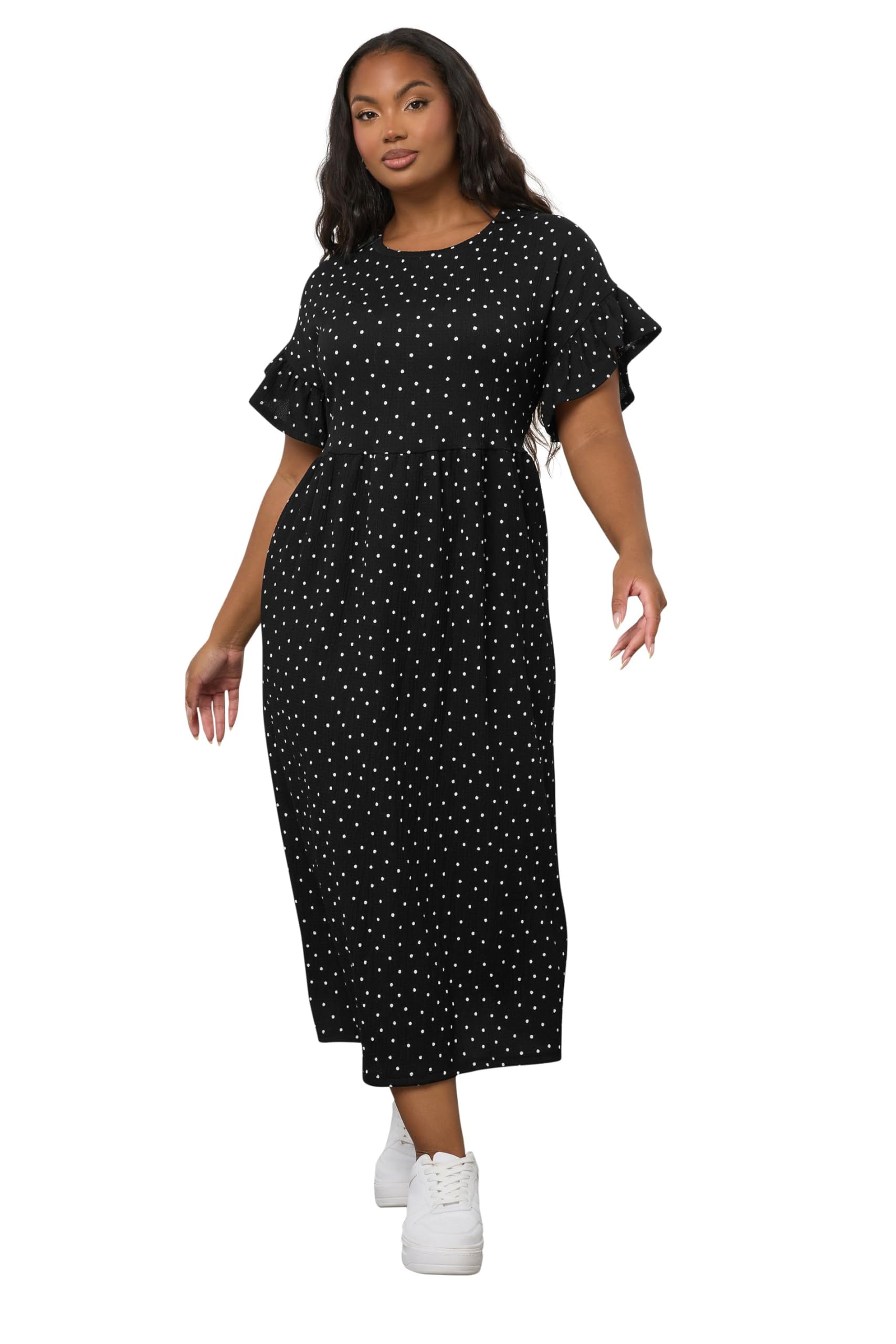 Yours Women's Black Polka Dot Frill Sleeve Midi Dress In | : 22/24