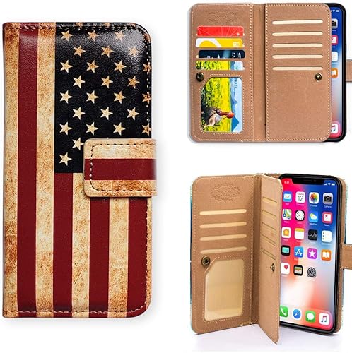 Funda para iPhone Xs Max, diseño retro de la bandera estadounidense multifuncional, de cuero, con ranura para tarjeta de crédito, soporte para
