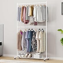 Lukzer Double Rod Garment Rack with Wheels | MGS-006/ White | Heavy-Duty Metal Clothes Stand Organizer with Bottom Shelf | Rolling Clothing Rack for Bedroom, Laundry & Boutique (183 × 110 × 40 cm)