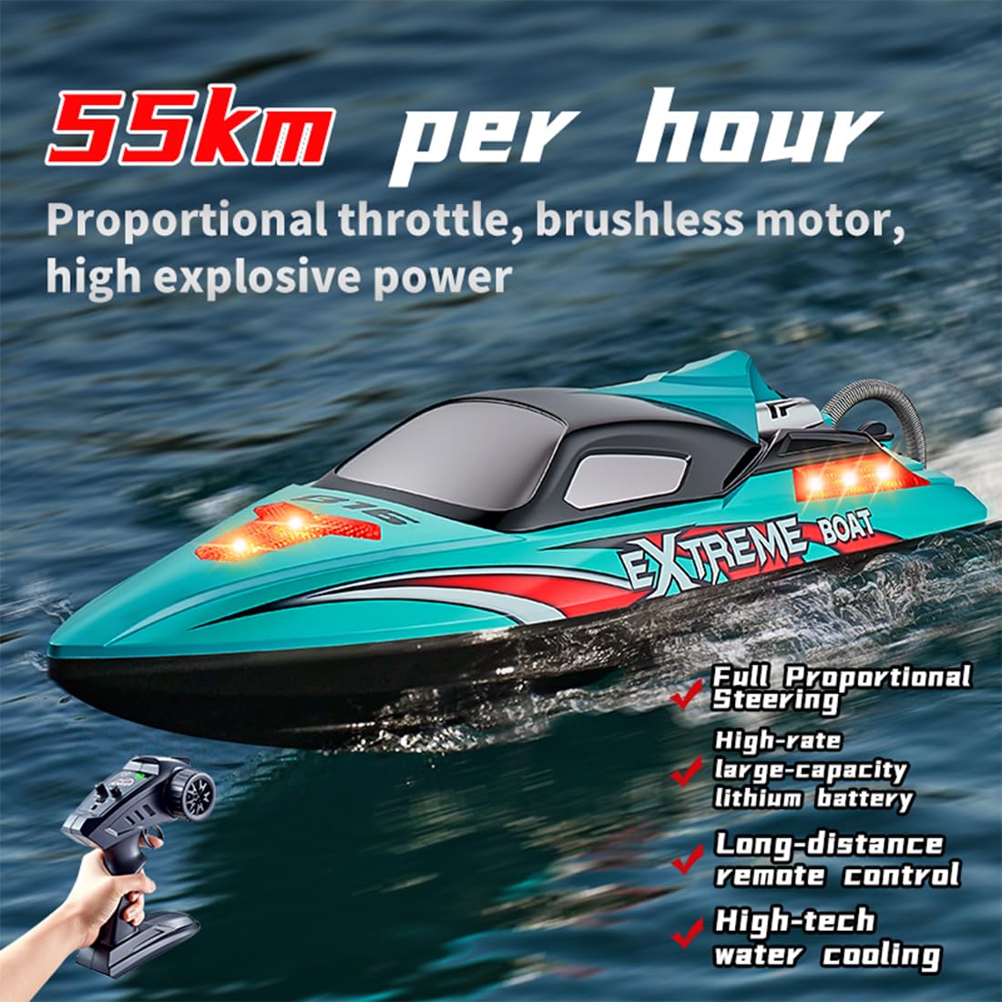 Ferngesteuertes Boot mit LED-Licht, 55KM/H Bürstenloser schneller RC Speedboot mit doppelt wasserdichtem Design, EIN-Tasten-Kenterungsrettung und Alarm bei niedrigem Batteriestand