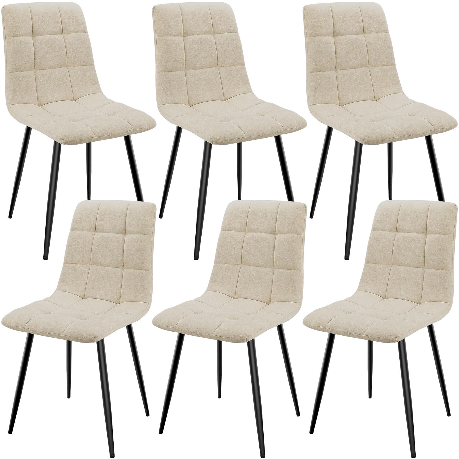 JIJIAN Set of 6 Linen Upholstered Dining Chairs, Checkerboard, Beige