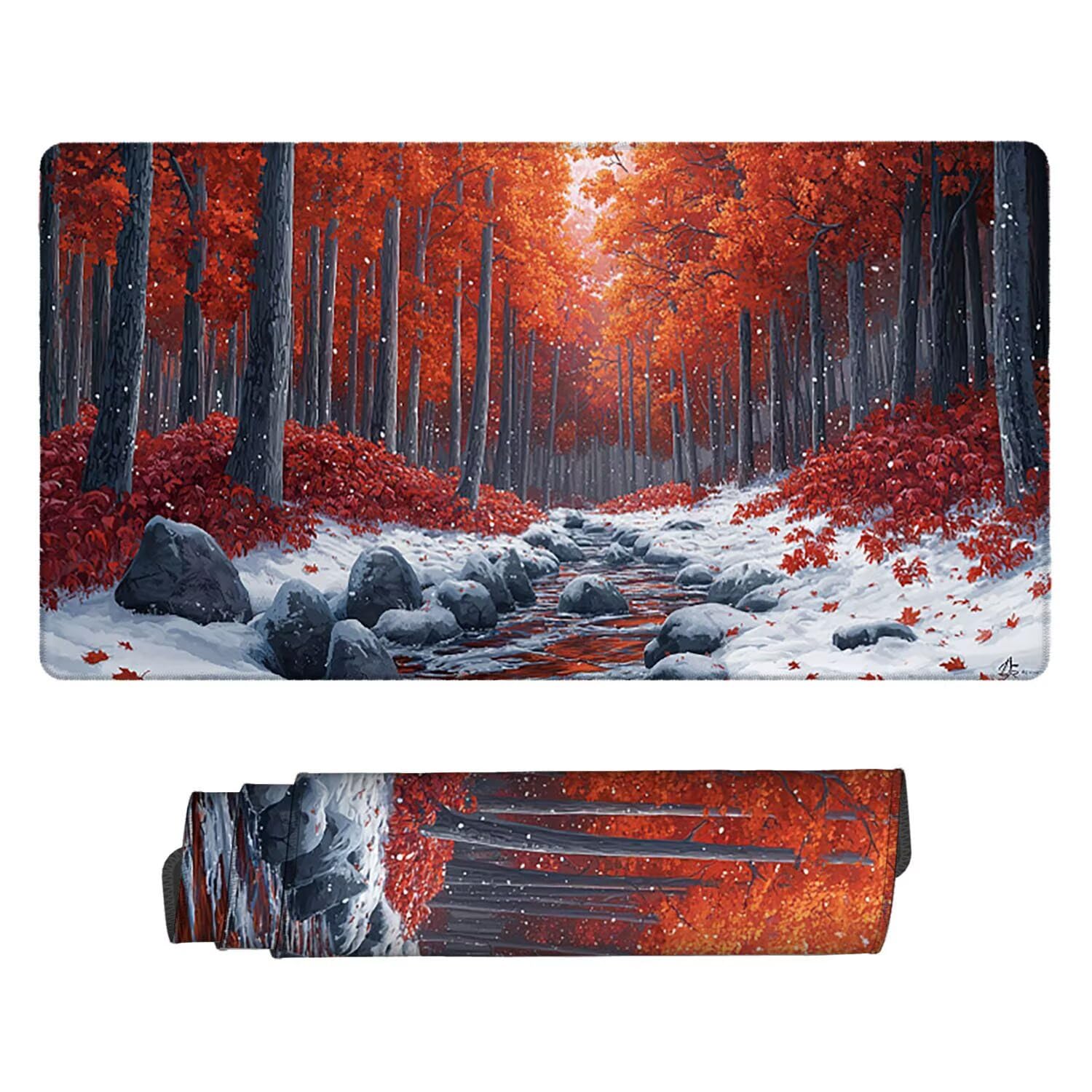 Gamingowa podkładka pod mysz, 1200 x 600 mm, XXL, przedłużona, duża podkładka pod mysz, szyte krawędzie, antypoślizgowa gumowa podstawa, ochrona biurka, do domowego biura (zimowy las) Z180