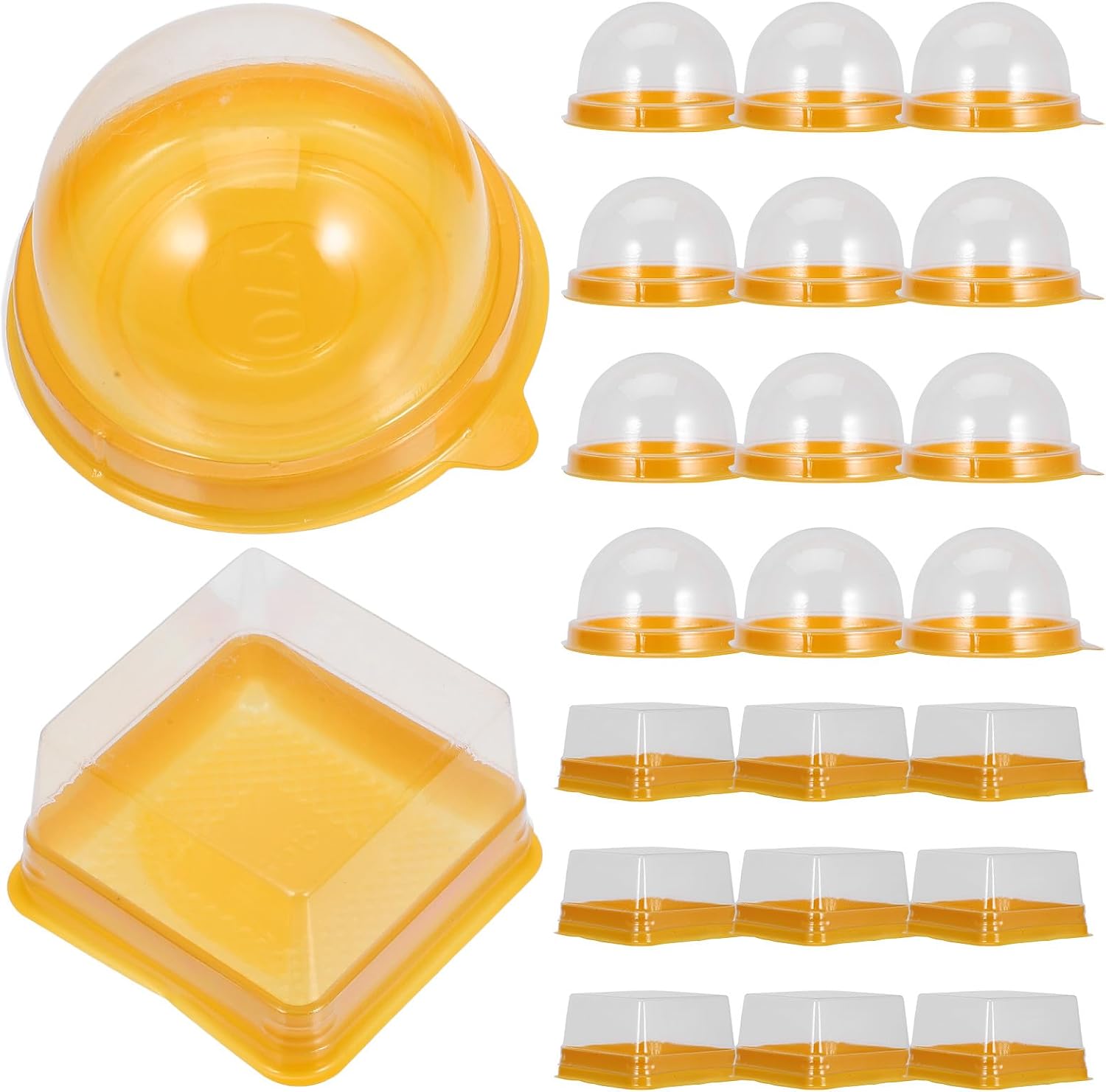 100pcs Baking Boxes and Moon Cake Wrapping Boxes, Yellow Plastic Egg-yolk Puff and Cupcake Containers, Single Compartment Square round Mini Cake Holders for Bakery and Party