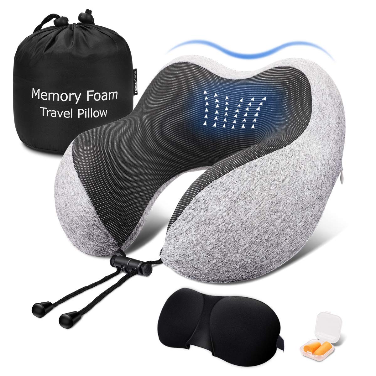 Keenstone Travel Pillow, Memory Foam Neck Pillow, Airplane Travel Kit with 3D Sleep Mask, Earplugs&Luxury Bag, Comfortable & Breathable Cover - Machine Washable