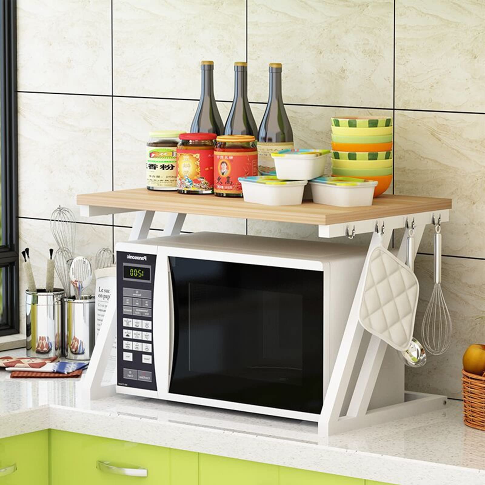 LANTUS Mensola stabile in legno per forno a microonde con ganci supporto per forno, griglia per arrosto, ripiano piano di lavoro per forno a microonde mensola di immagazzinaggio da cucina