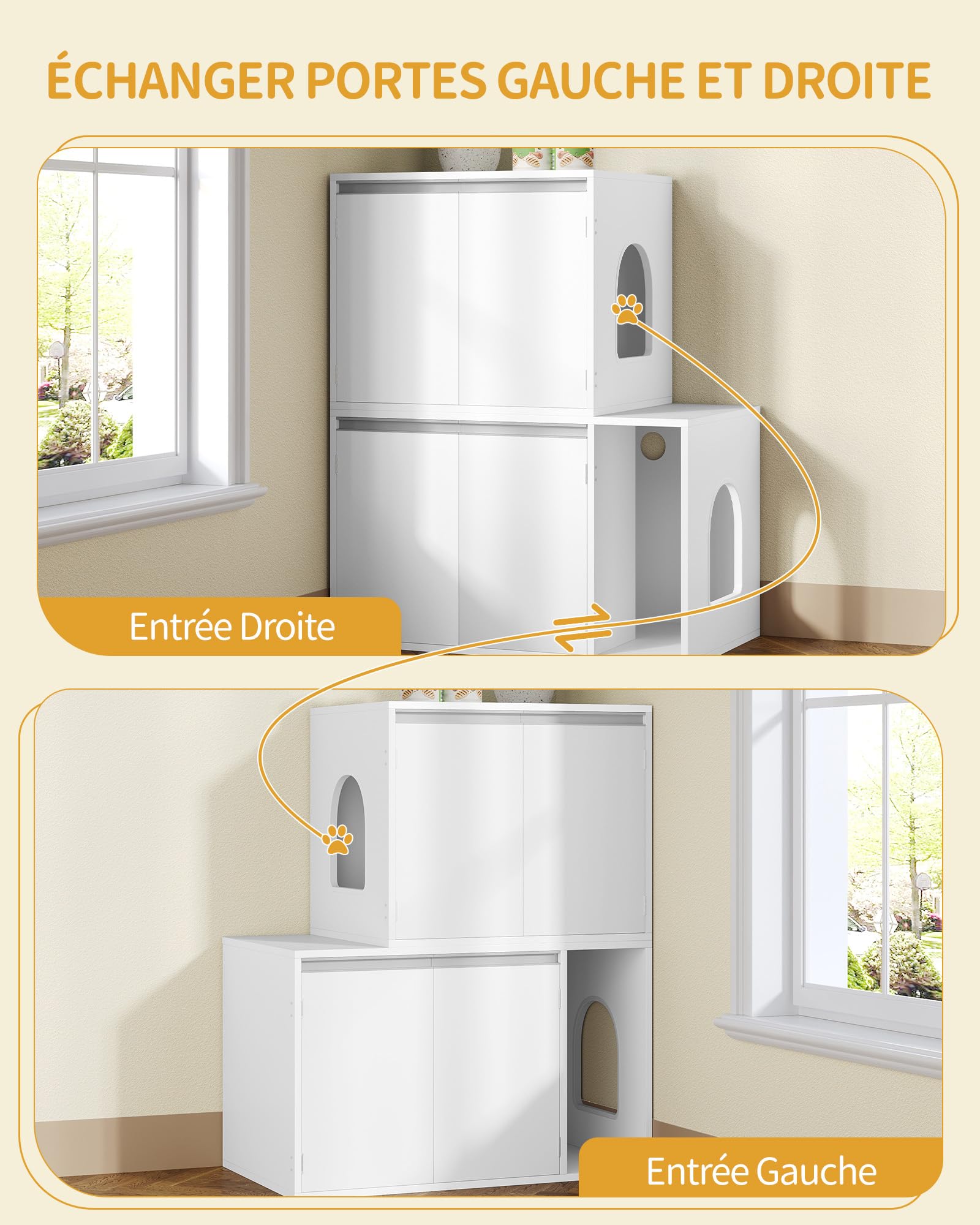 Hzuaneri Meuble Litiere pour 2 Chats, Maison de Toilette Chat, Maison Cachée pour Chat avec Chambres Doubles, 140 x 48 x 48 CM, pour Cacher la Plupart des Bacs à Litière pour Chats, Blanc CB65603X