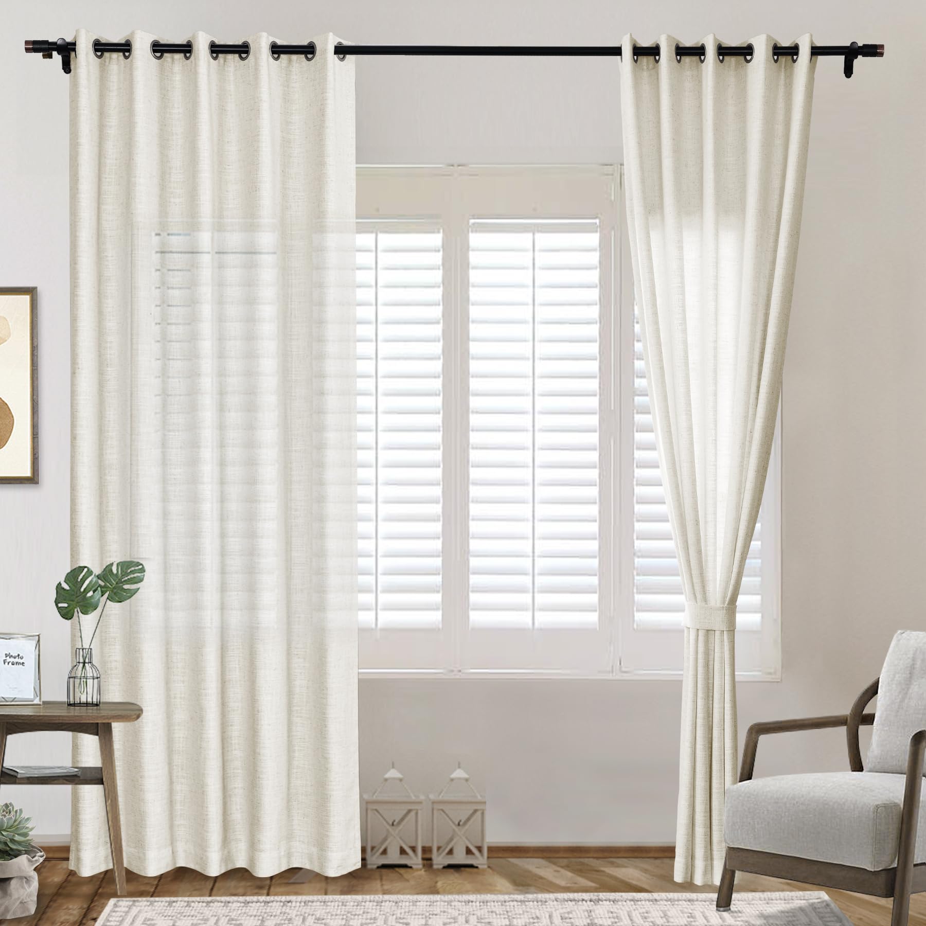 Frelement 52" W x 84" L Grommet Room Darkening Drape with Tiebacks Unlined Linen Curtains for Living Room Bedroom Light Blocking Curtains for Sliding Door Patio Door, 1 Panel, Beige White