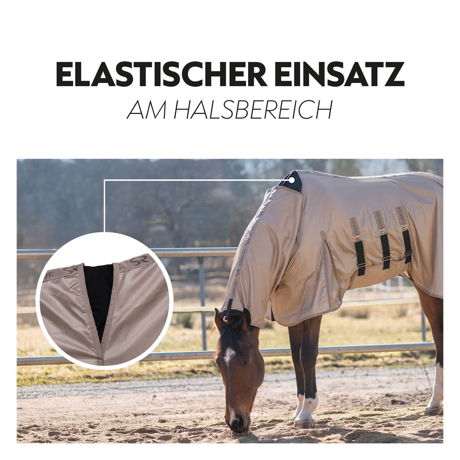 SUNRIDE Fliegendecke für Pferde (Kuba) - mit festem Halsteil - Gehfalte - Schutz für empfindliche Brust - elastische Einsätze - mit UV-Schutz - Bauchlatz und Beingurte verstellbar - braun (105 cm)