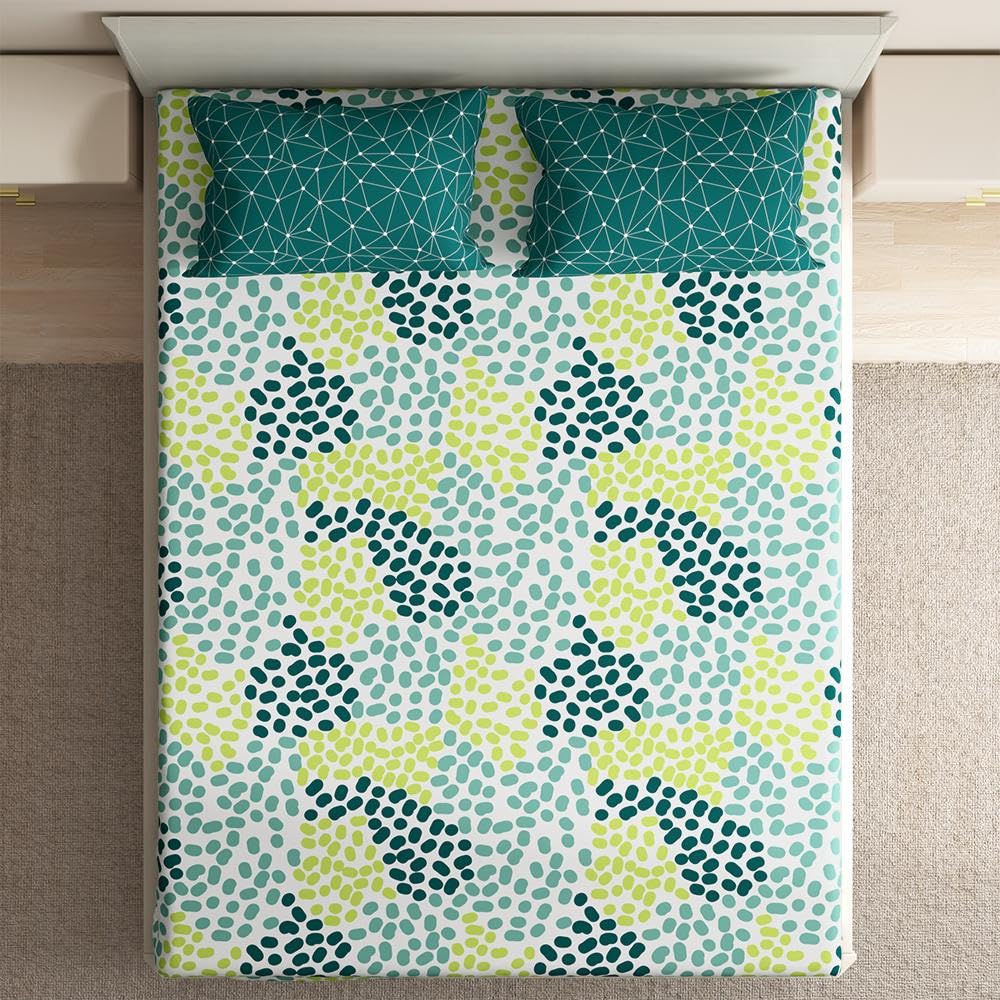 Wakefit Cotton Fitted Bedsheet | 200 TC Elastic Fitted Sheet, King Bed Bedsheet with 2 Pillow Polka Dot Covers | Siri - 78X72 Inches, Green
