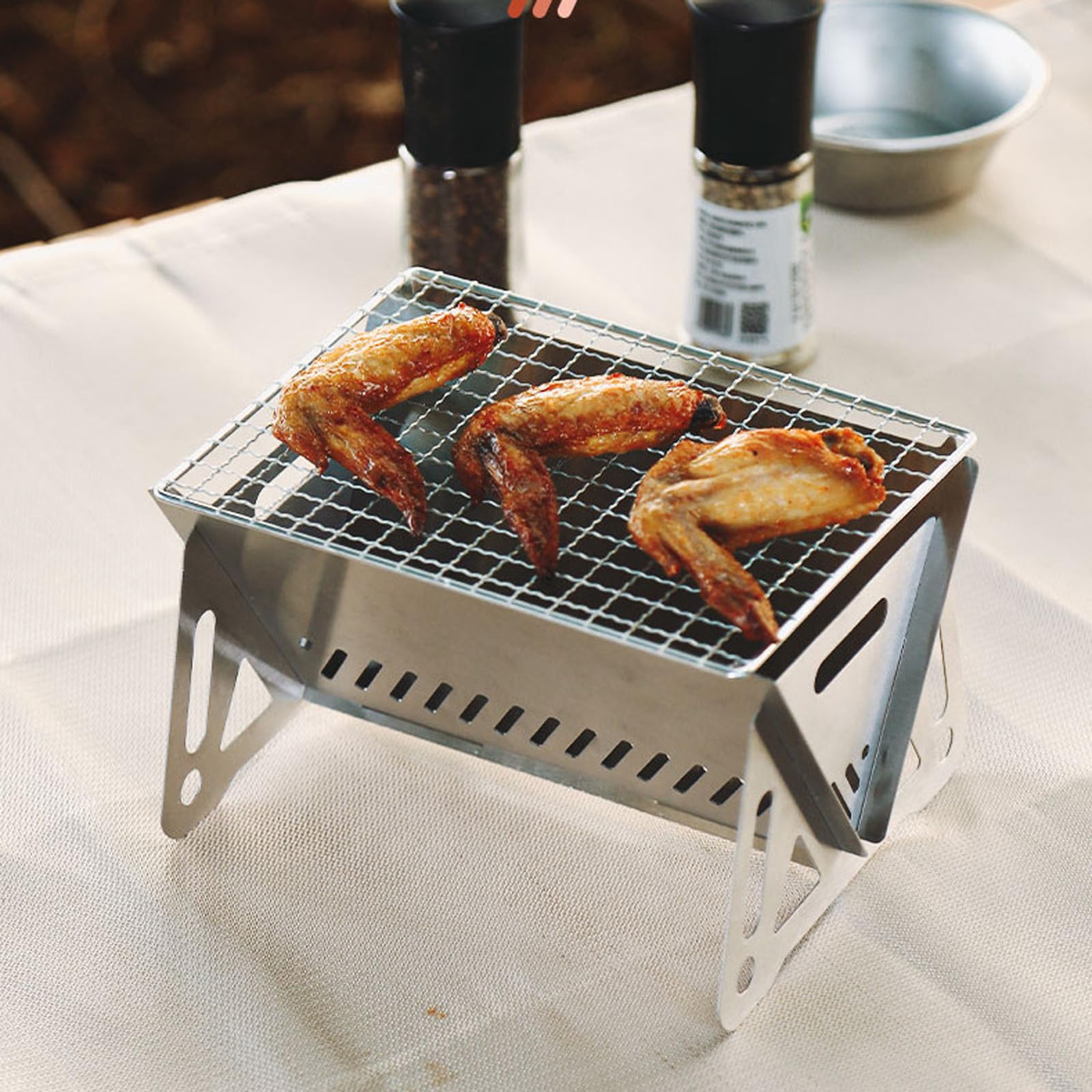 Mini parrilla de camping portátil con palo de bambú/bolsa de almacenamiento, pequeña parrilla extraíble de barbacoa de mesa para acampar patio, al aire libre, parrilla de camping de acero inoxidable 4
