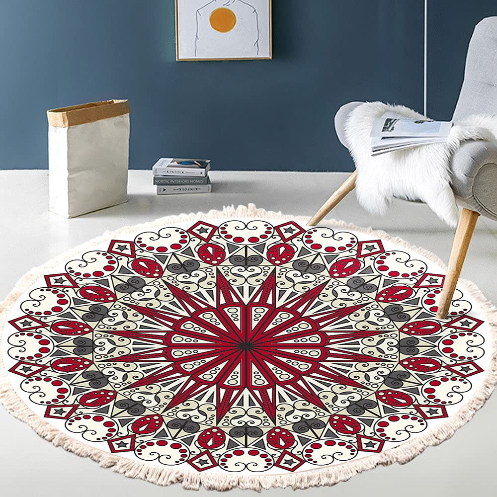 Morbuy Bohemia Round Area Rug Carpet Handmade Rug, Machine Washable Indian Floor Mats With Tassels Hand Woven Printed Kitchen Runner For Bedroom Living Room (,150Cm)