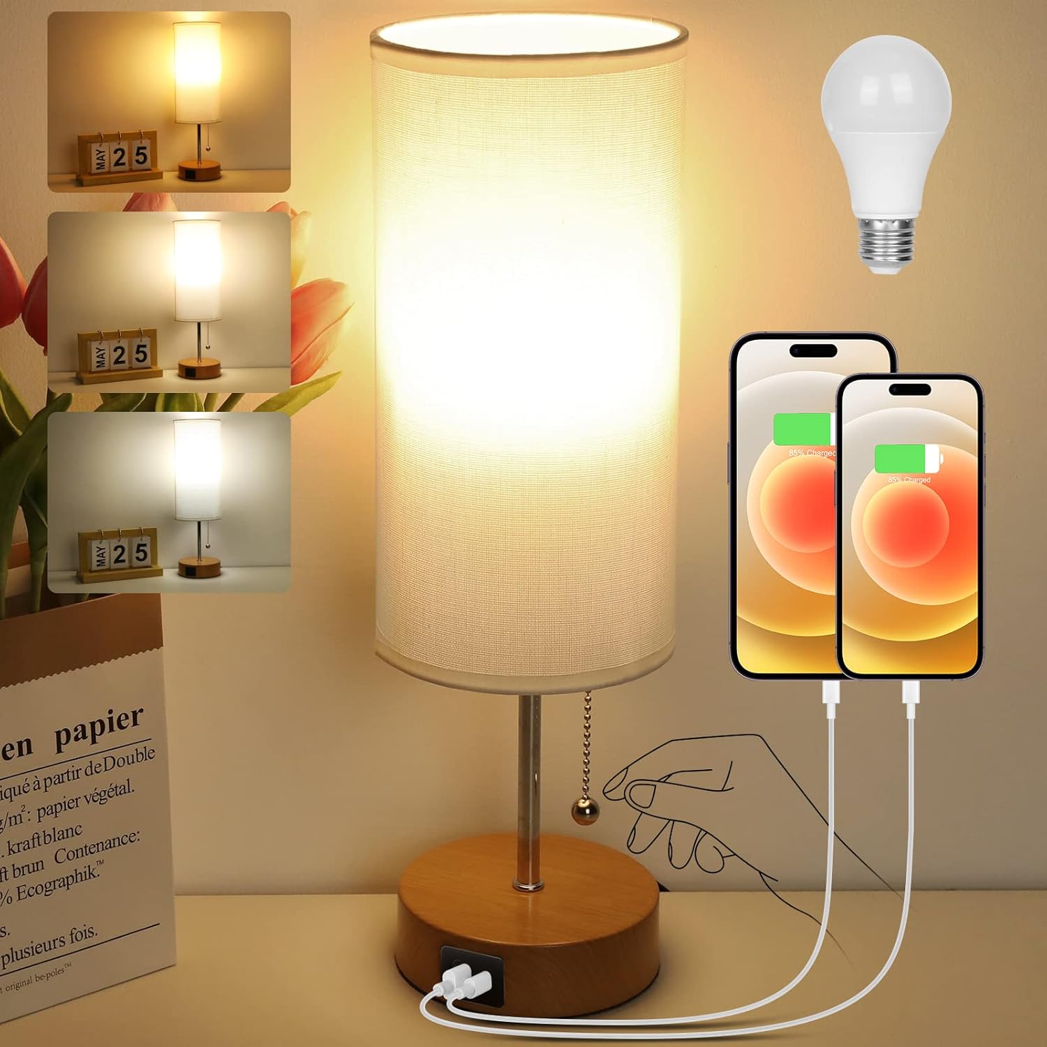 Bedside Lamp with Pull Chain Switch, Eocean 3Color Table Lamp with USB