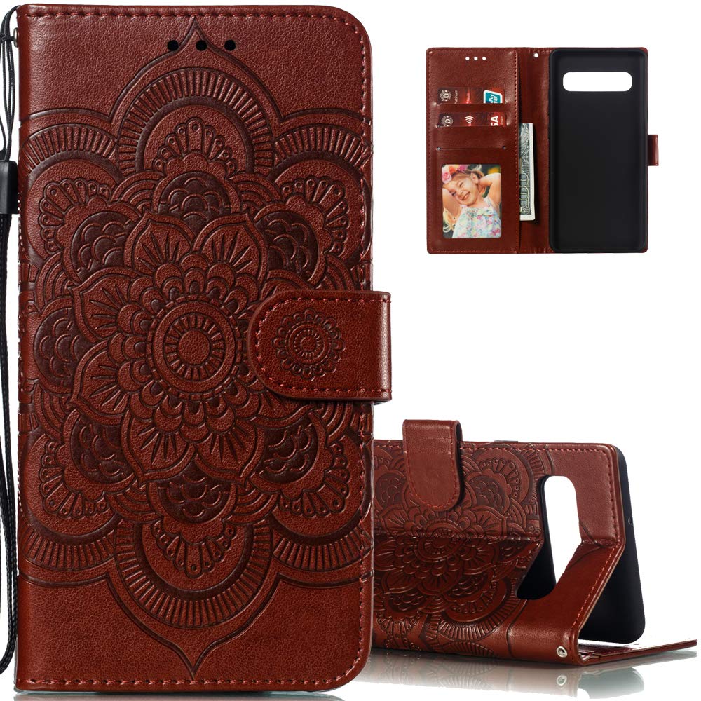 LEECOCO for Galaxy S10 Plus Case Mandala Embossing Luxury PU Leather Flip Notebook Wallet Bookstyle Magnetic Stand Card Slot Folio Bumper Protection Cover for Samsung Galaxy S10 Plus Mandala Brown LD