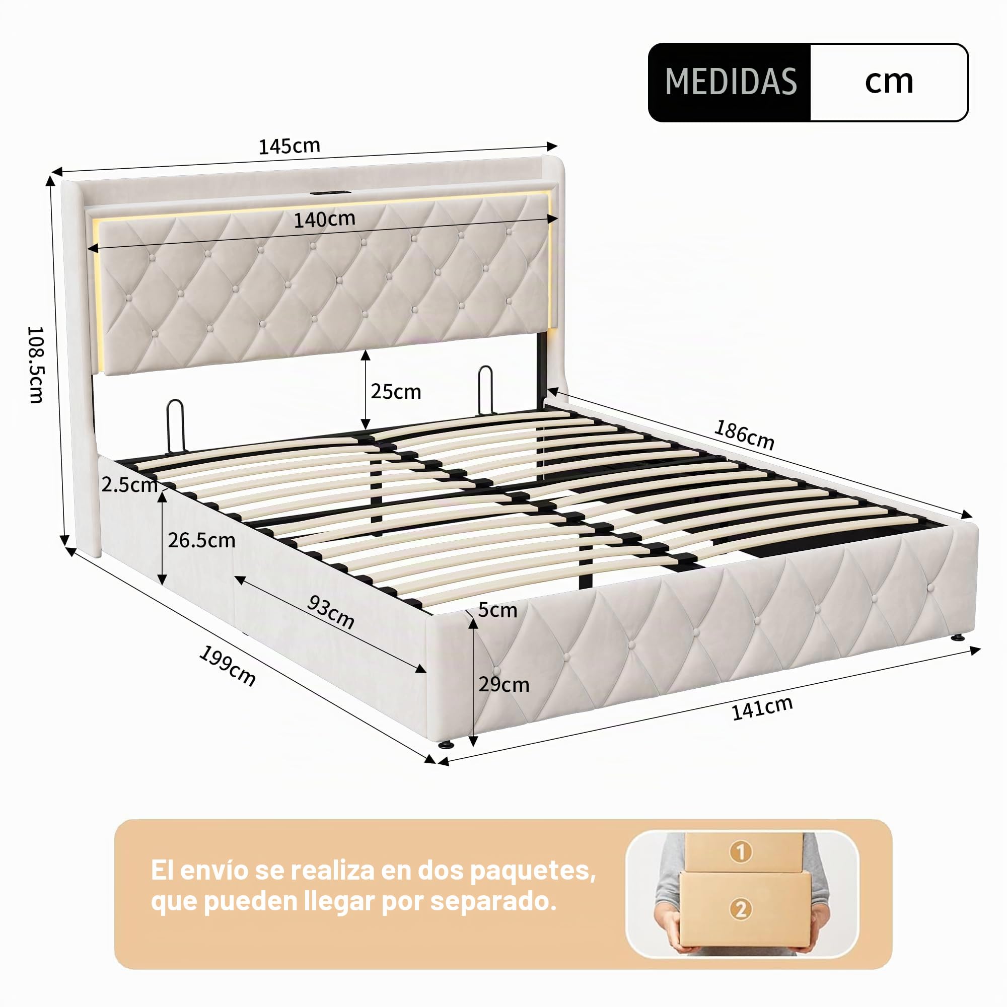 Cama Canapé 140x190 cm con LED y USB, Cama Doble Tapizada en Terciopelo Beige con Somier de Lamas, Cabecero con Almacenaje, Diseño Capitoné (Beige A, 140x190cm)