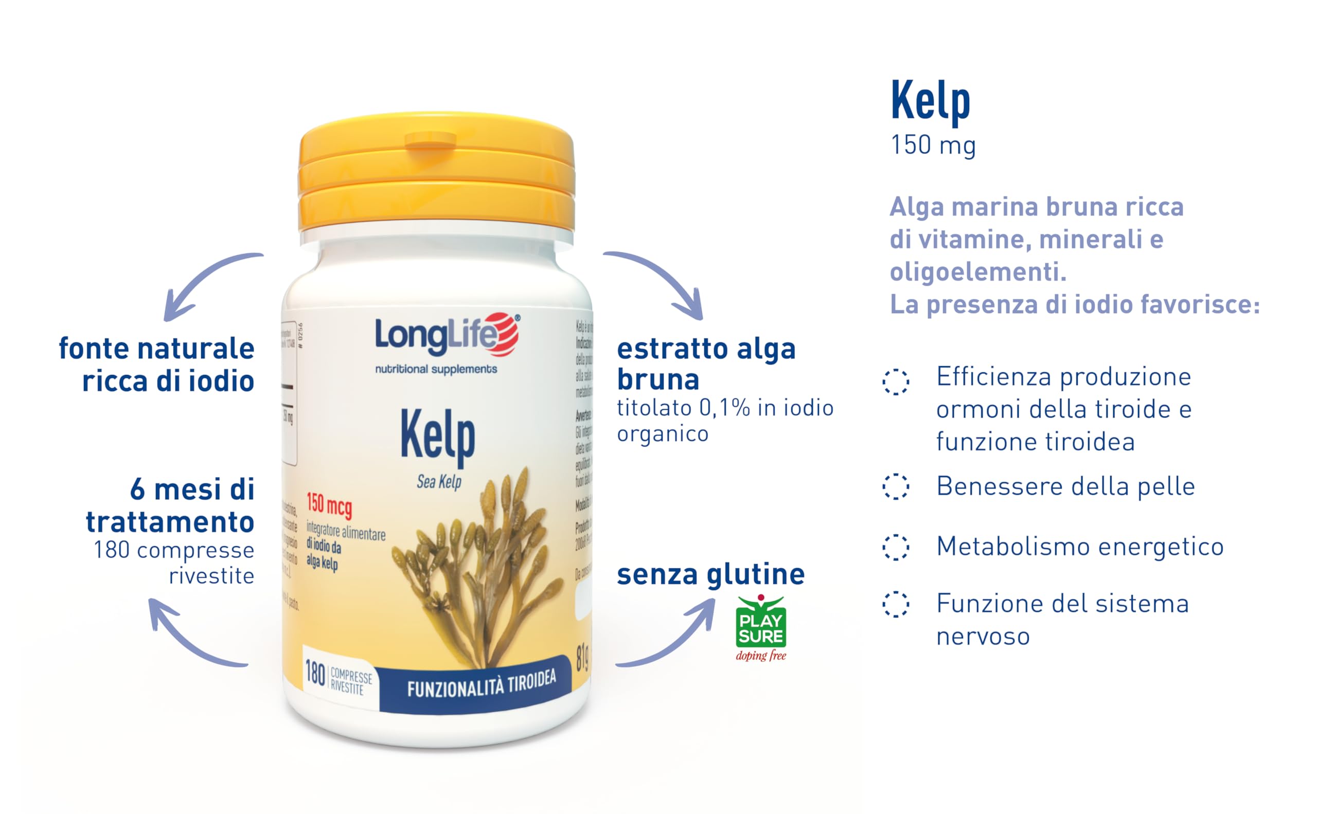 LongLife® Kelp | Integratore di iodio da alga bruna Fucus vesiculosus titolata allo 0,1% | Benessere tiroideo | Metabolismo energetico | 180 compresse | Senza glutine e doping free