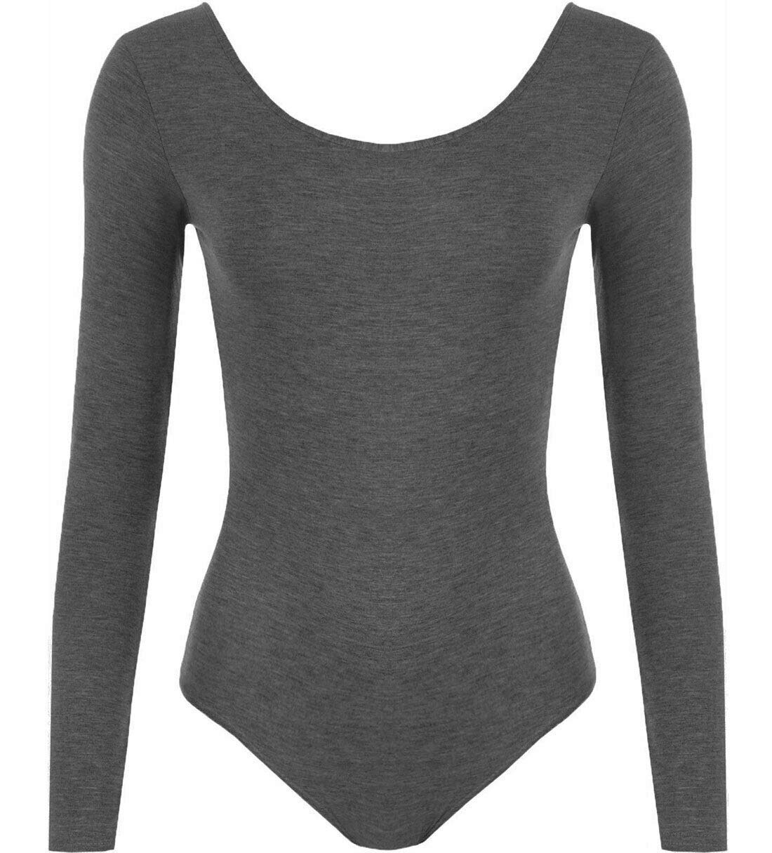 FASHION 7STAR New Ladies Stretch Bodysuit Long Sleeve Top Womens Leotard Scoop Neck Gymnastic Dance Leotard Top 8-14