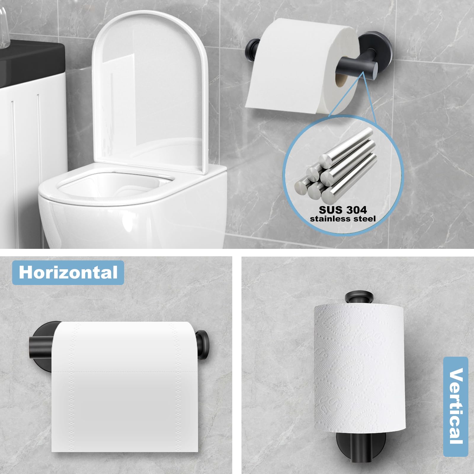 Juego de accesorios de baño negro mate, soporte de papel higiénico montado en la pared de acero inoxidable, anillo de toalla y 2 prácticos ganchos para accesorios de baño modernos, juego de ganchos 6