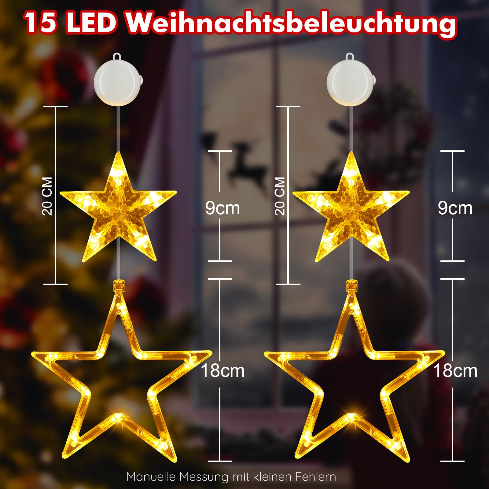 Świąteczne lampki LED w kształcie gwiazdek, 2 sztuki, 30 diod LED, dekoracja świąteczna na okno, do użytku wewnątrz, zasilane bateriami z timerem, 2 tryby, przyssawki, kurtyna świetlna