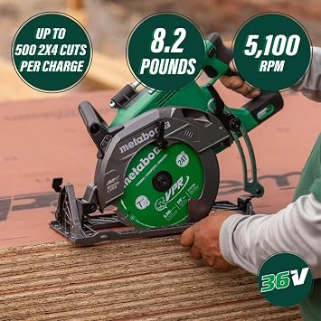 Metabo HPT 36V MultiVolt 7-1/4 Inch Rear Handle Circular Saw, Tool Only No Battery, Lightest Weight in Its Class, 53 Bevel Capacity, High-Capacity Cutting, C3607DWAQ4