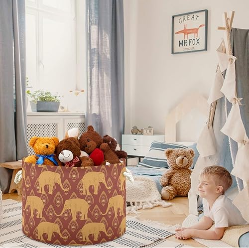 Miniatura 4 de visesunny Cesta de almacenamiento de plumas de pavo real de elefante marrón, cesta étnica india para guardería, cesta organizadora de almacenamiento