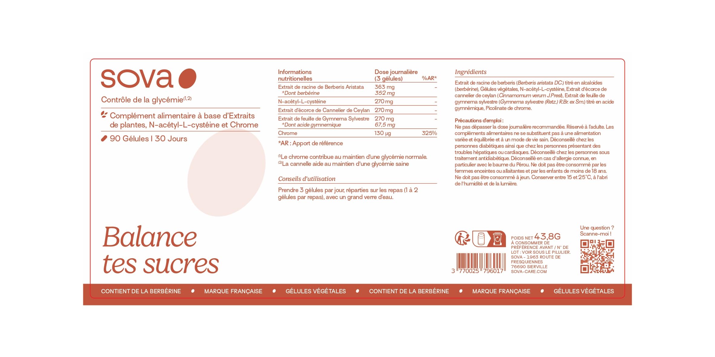 Berberine HCL avec Cannelle de Ceylan, Chrome, Gymnema Sylvestre, Berbérine & NAC - Glycémie Normale & Métabolisme du glucose - Complément alimentaire - 90 Gélules - Balance Tes Sucres - SOVA